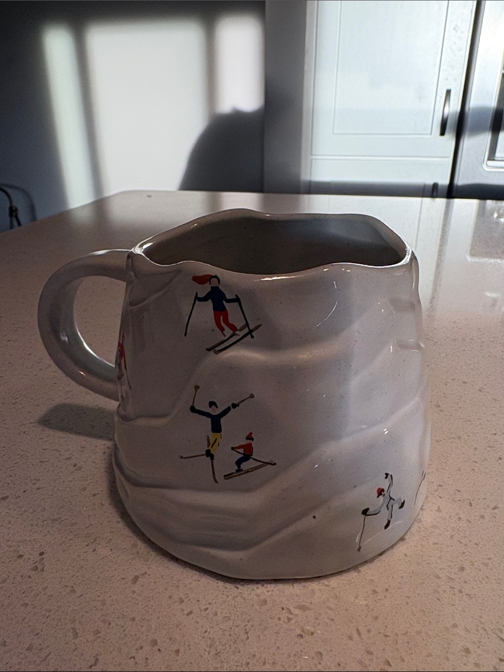West Elm White Ceramic Skier Patterned Mug
